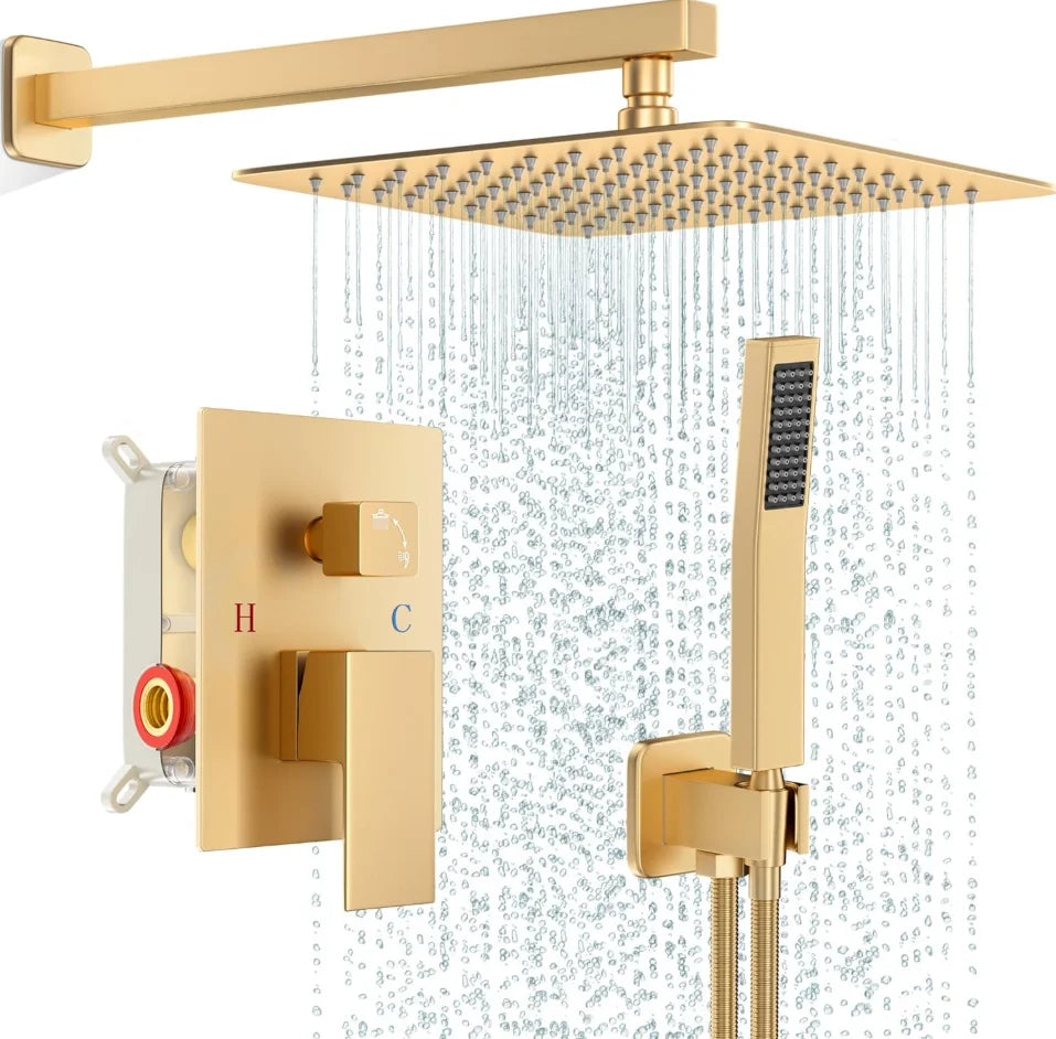 Brushed gold concealed shower system with 10-inch square rain head, valve trim and hand spray