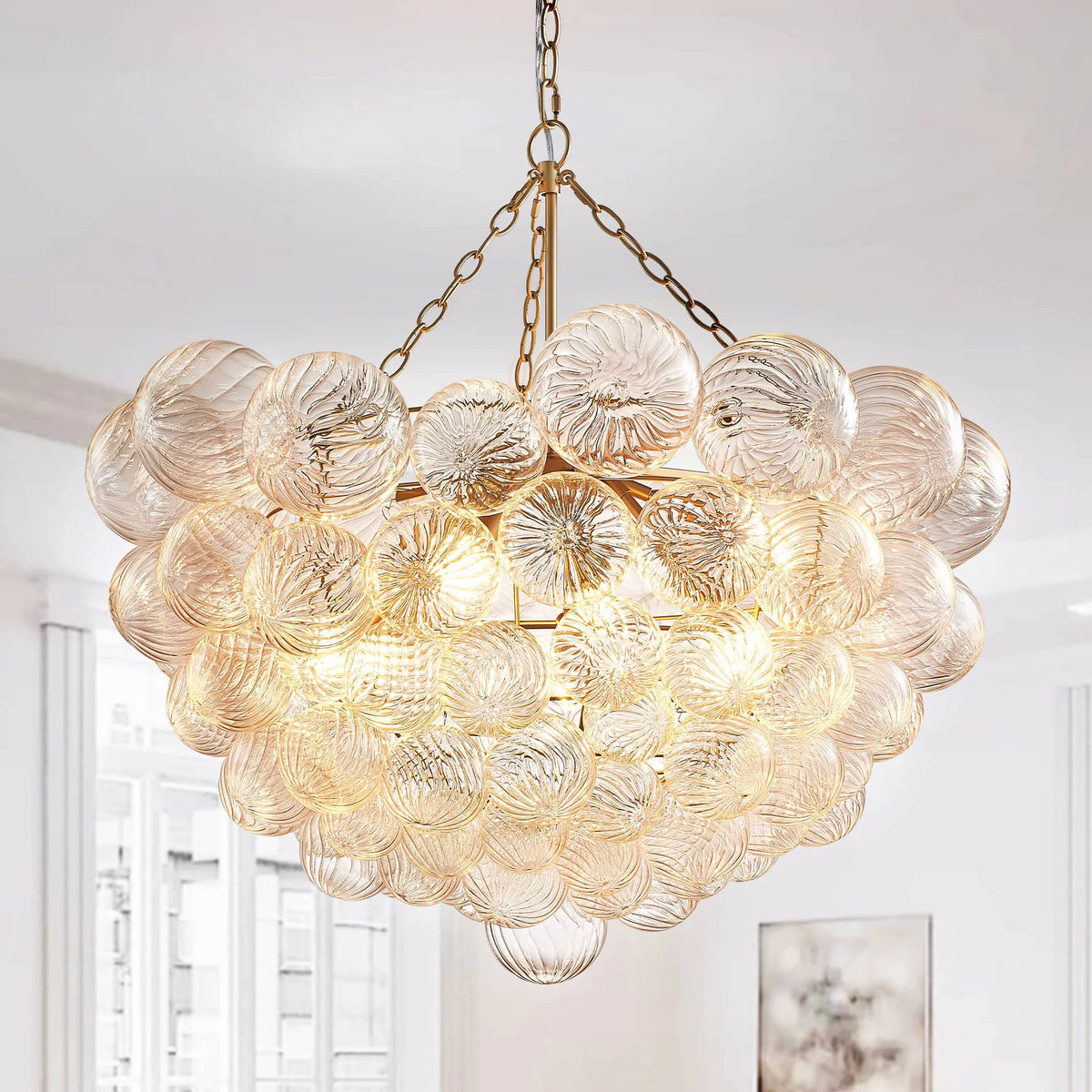 Ribbed clear glass bubble cluster chandelier with gold frame