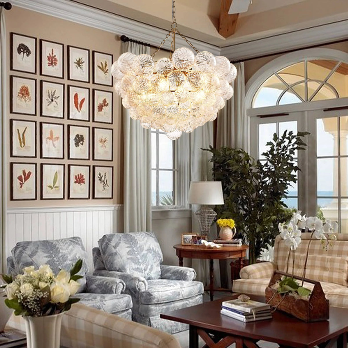 Glass bubble chandelier above a dining table