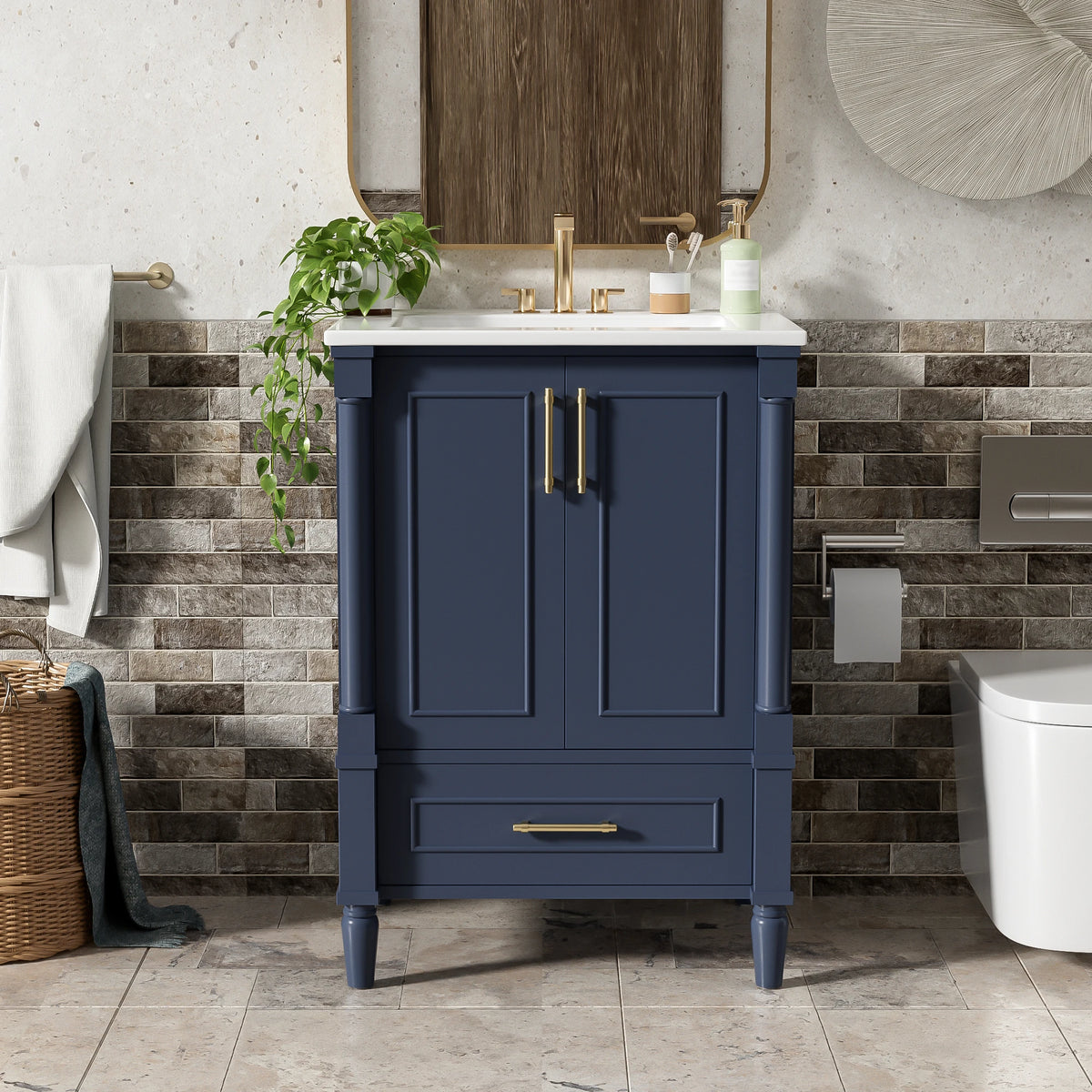 Navy bathroom vanity with carved French legs and white ceramic sink top, 24 in