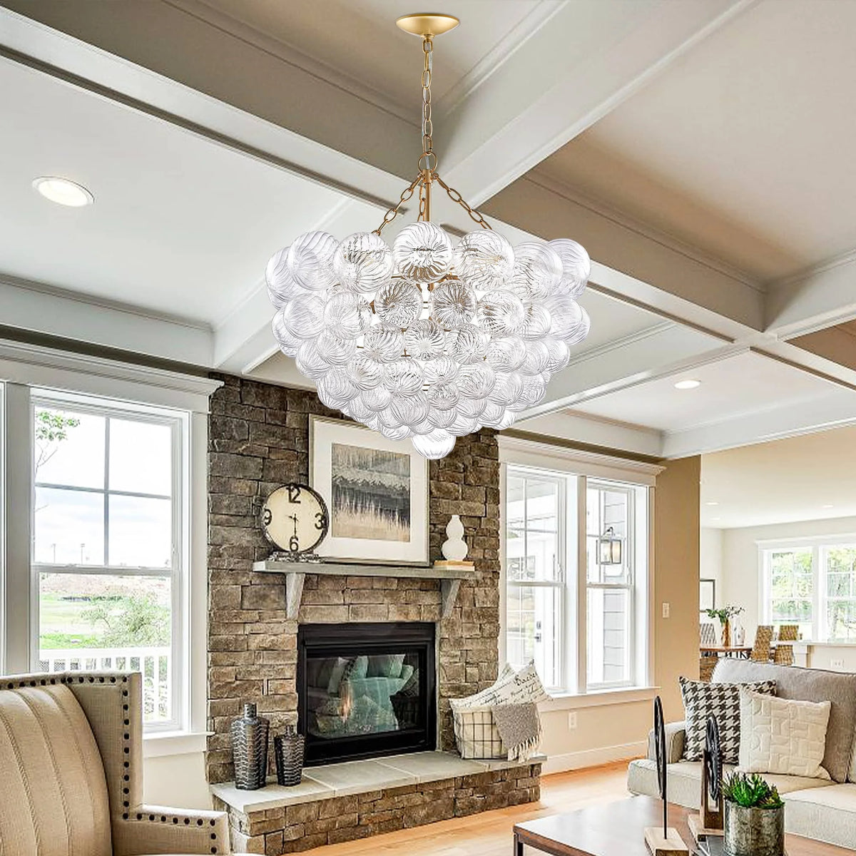 Glass bubble cluster chandelier hanging in a bright living room