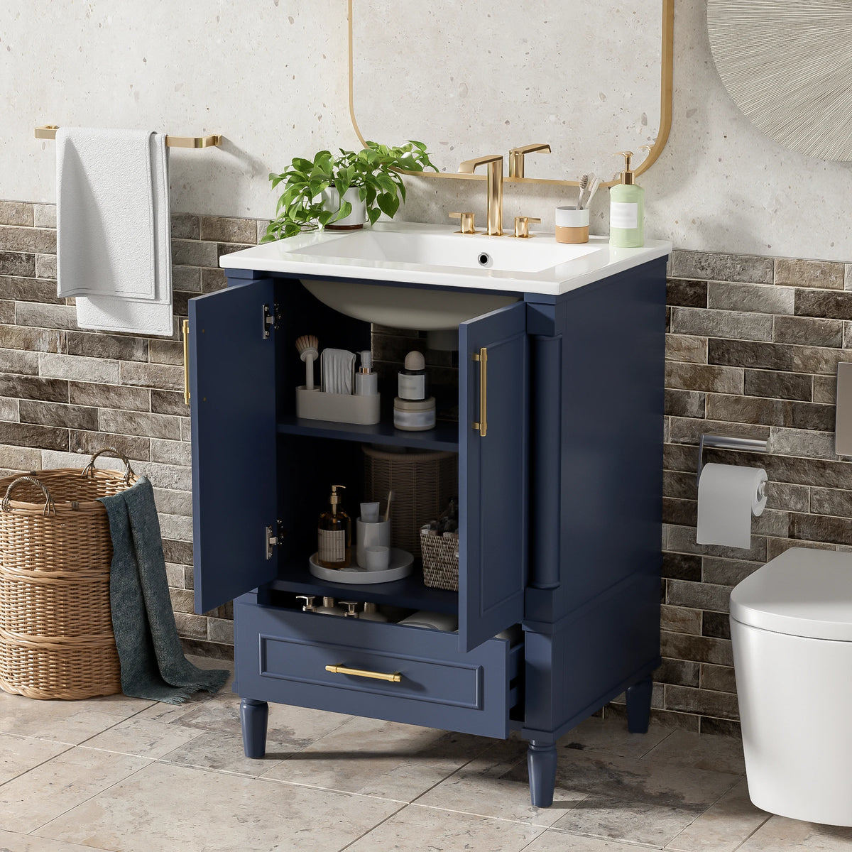Navy 24 in vanity with doors open showing storage