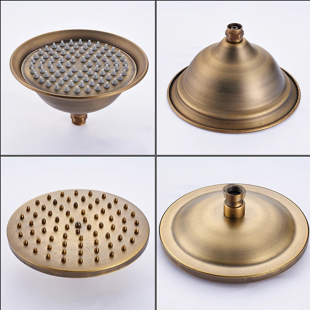 Four views of the antique brass rain shower head, top, underside and nozzle face