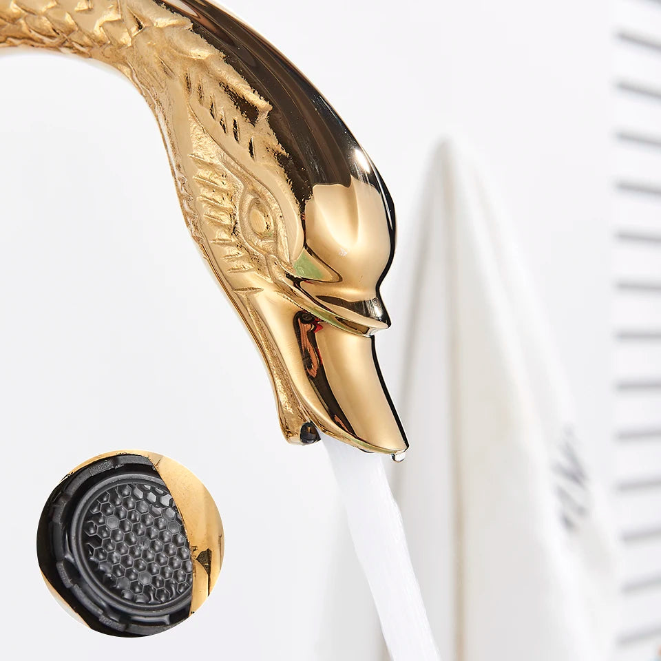 Gold Swan Single-Hole Basin Faucet, swan head and spout close-up