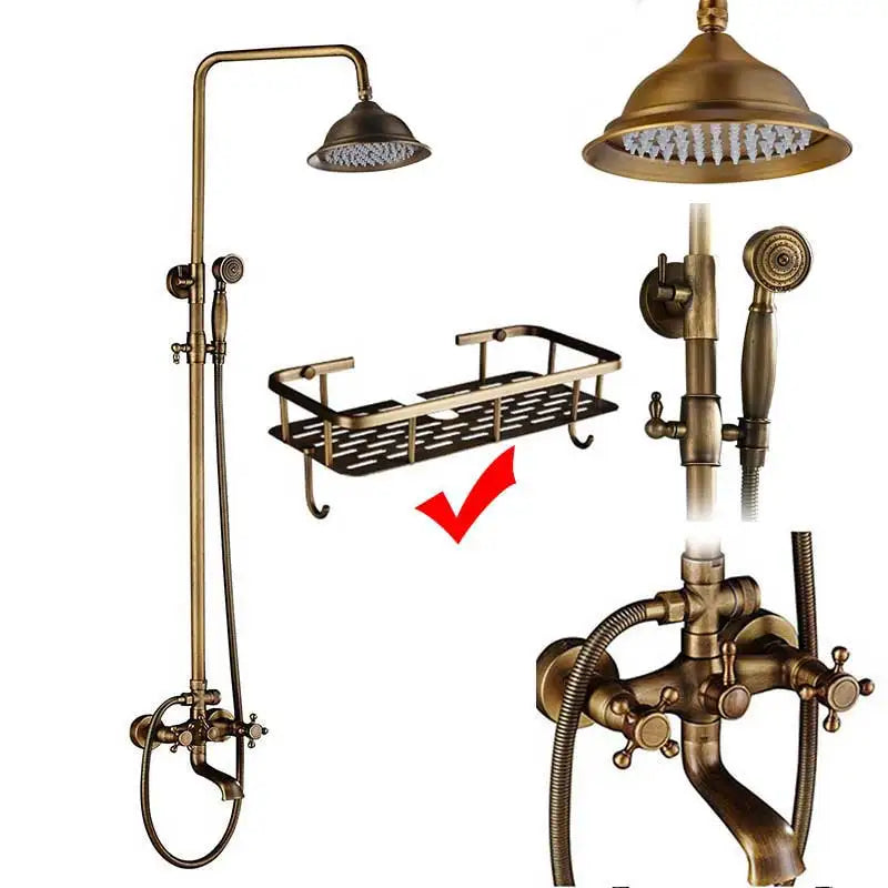 Antique brass exposed shower set with rain head, handshower, tub spout and wire shelf