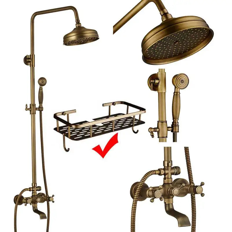 Antique brass shower column with cross handles, rain head, handshower and wire caddy shelf