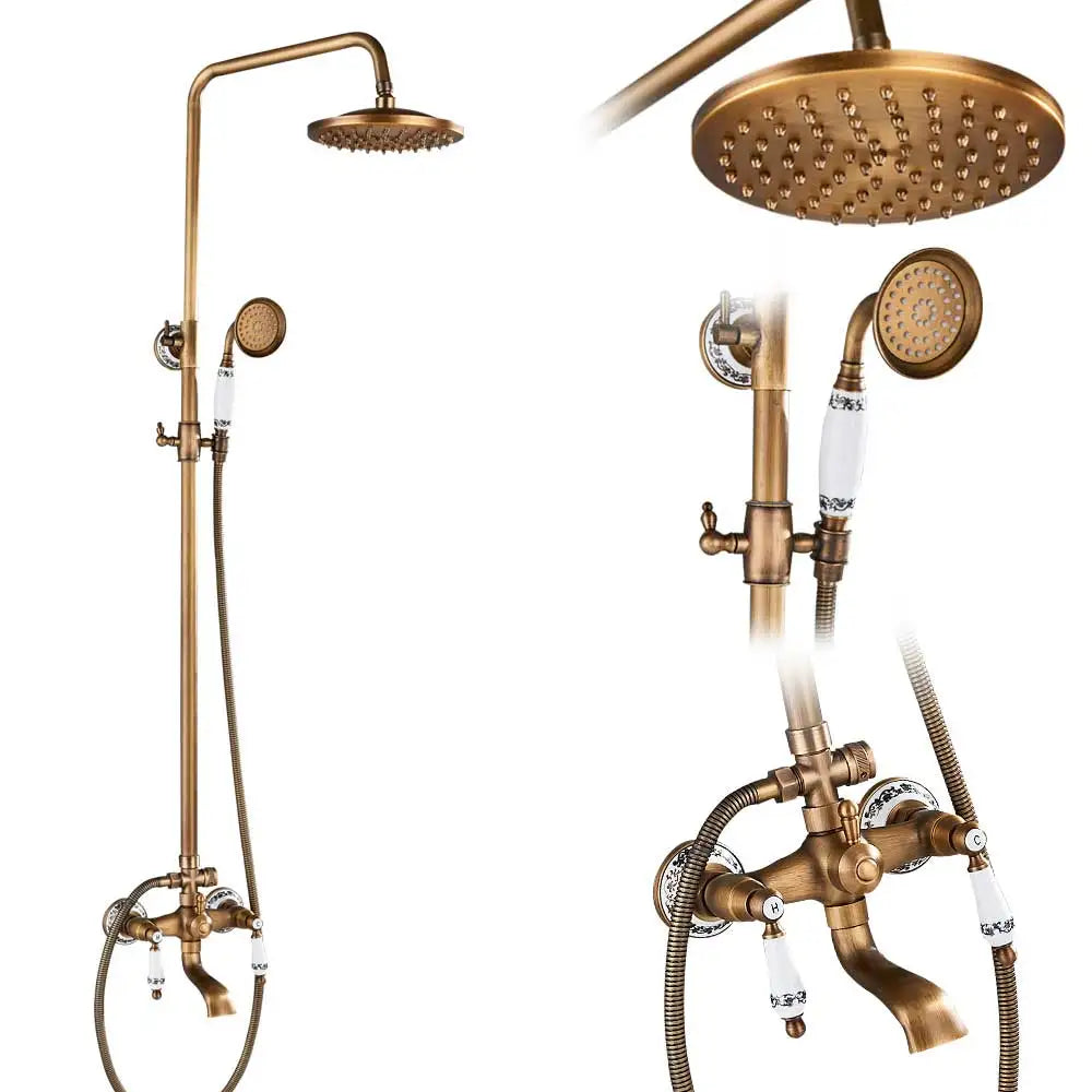 Antique brass exposed shower column with rain head, porcelain-handle handshower and tub spout
