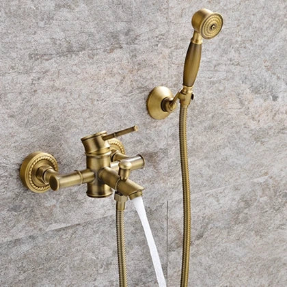 Antique Bronze Faux-Bamboo Tub and Shower Set, wall-mounted with tub spout and hand shower