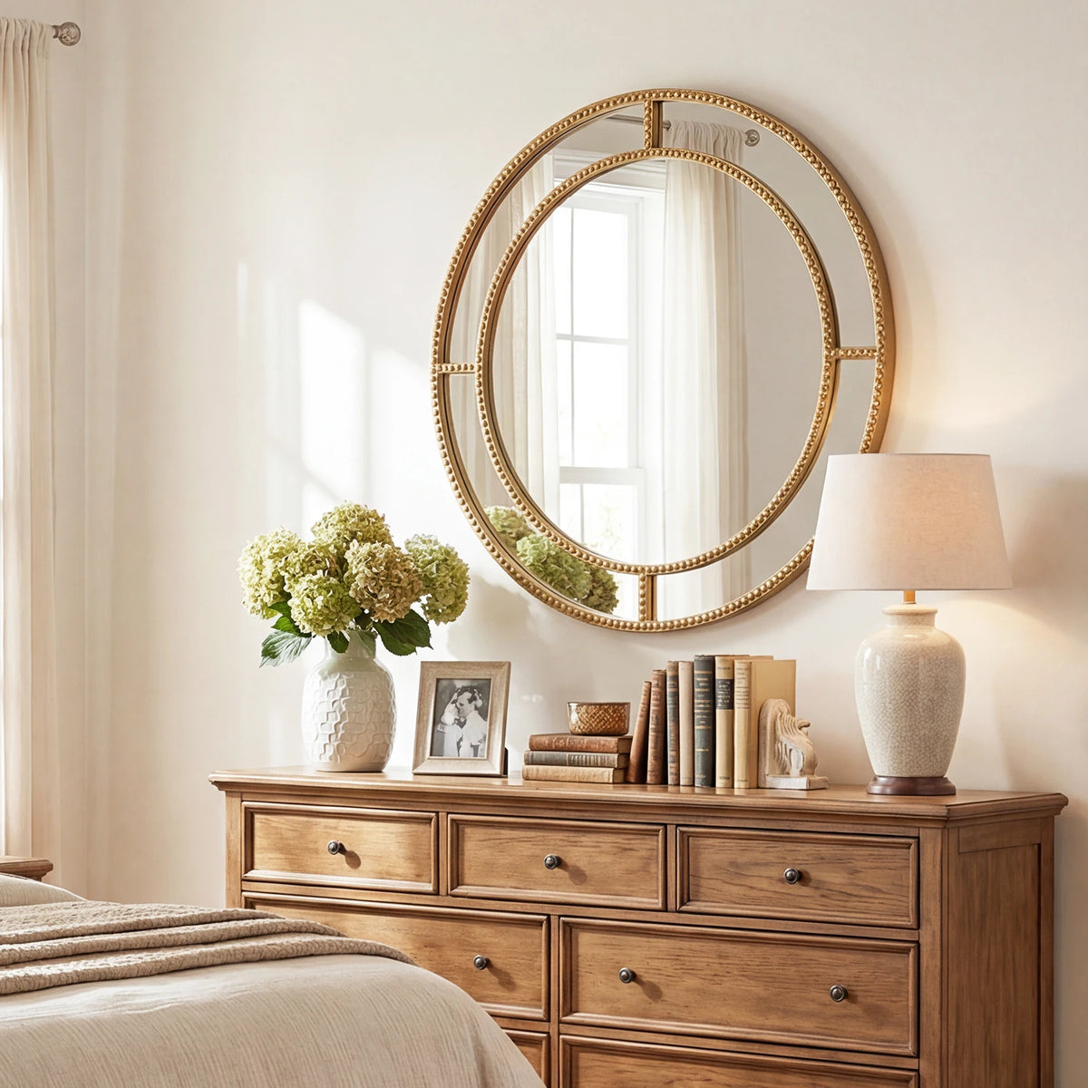 Gold beaded round mirror above a wood dresser