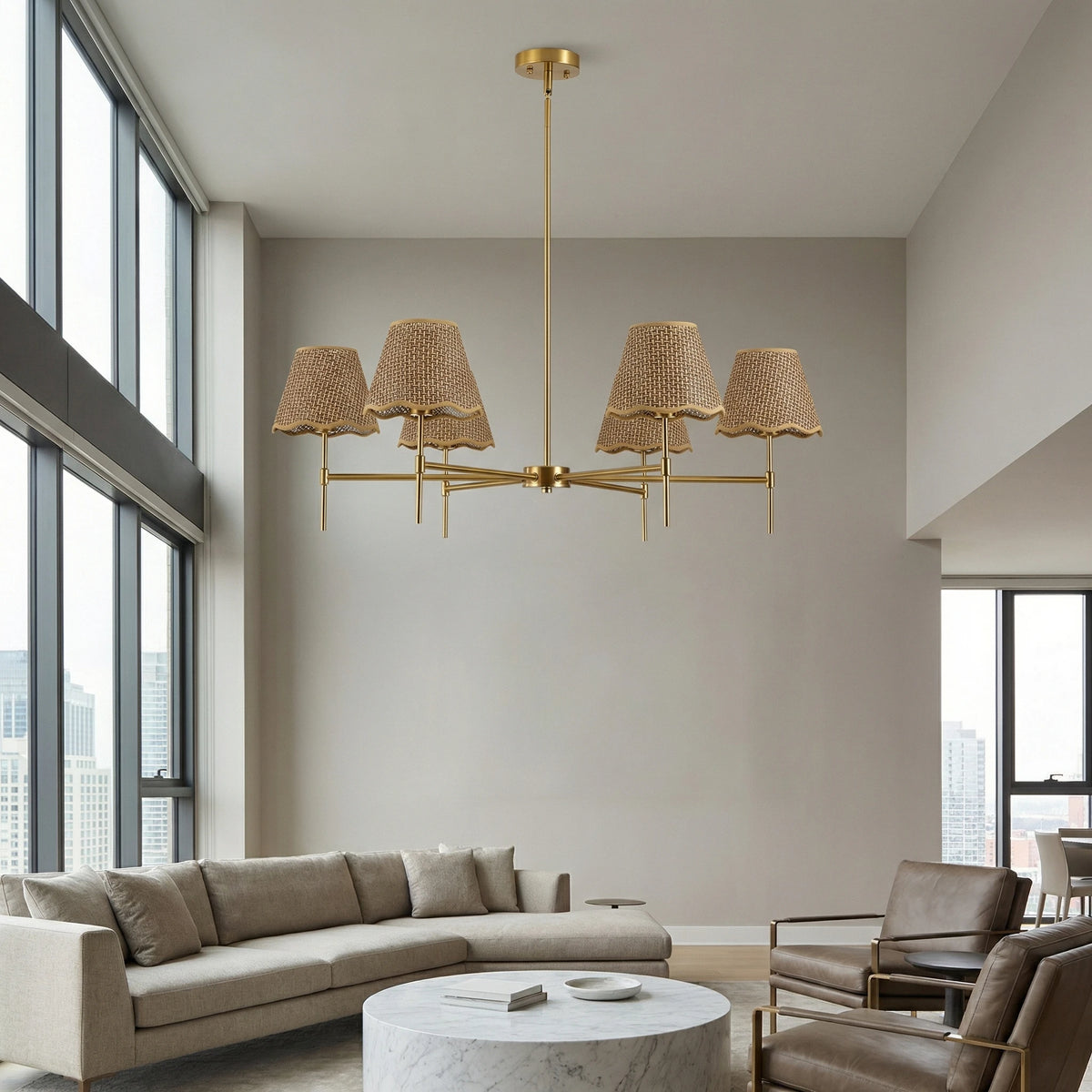 Six-light gold chandelier with woven shades in a living room