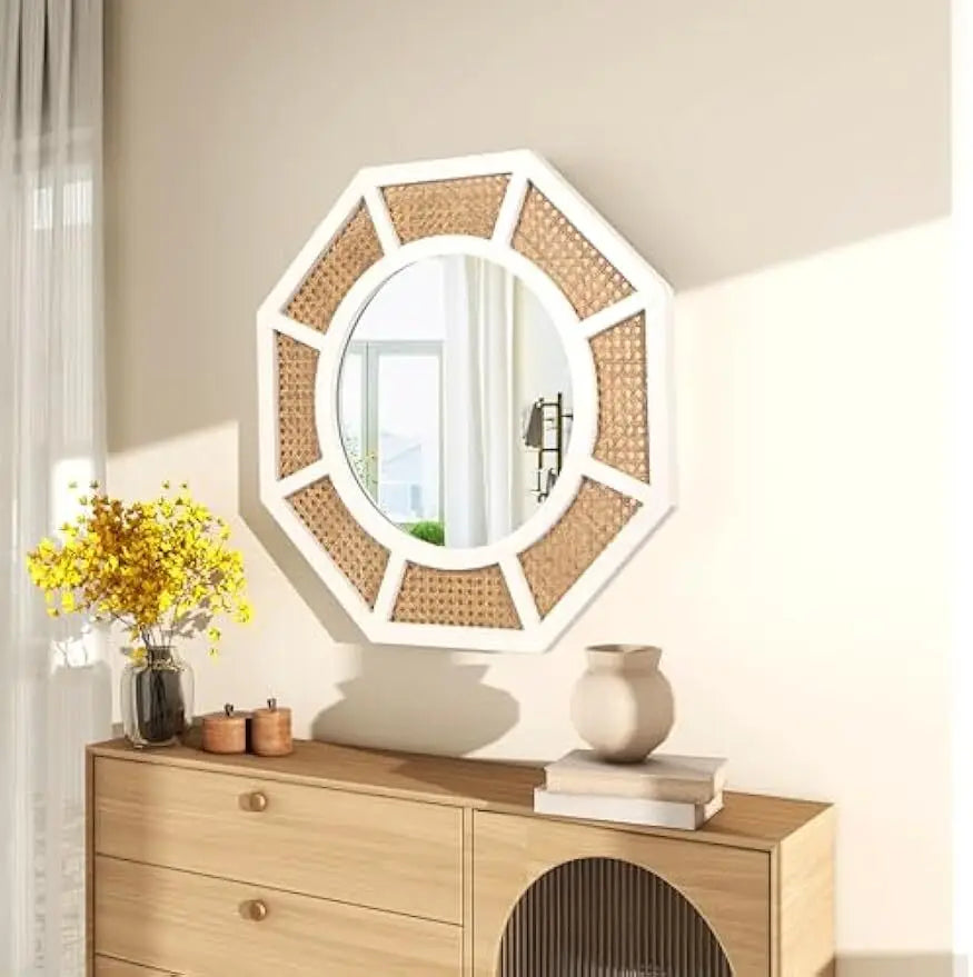 Octagonal Woven Rattan Mirror with White Frame, 24 in, over a wood console