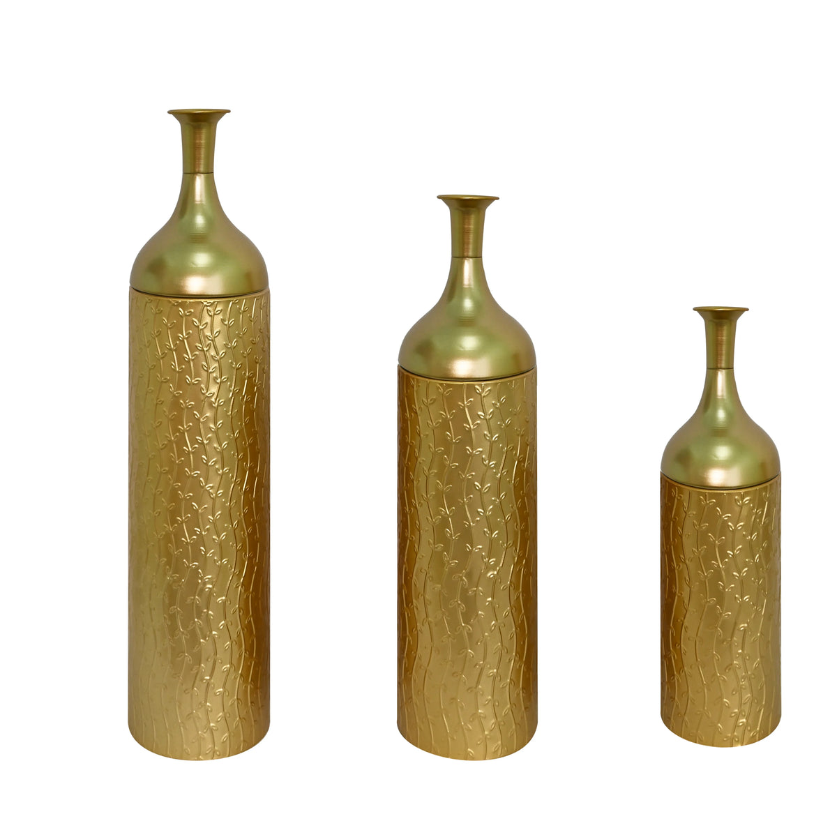 Three gold metal floor vases, studio view