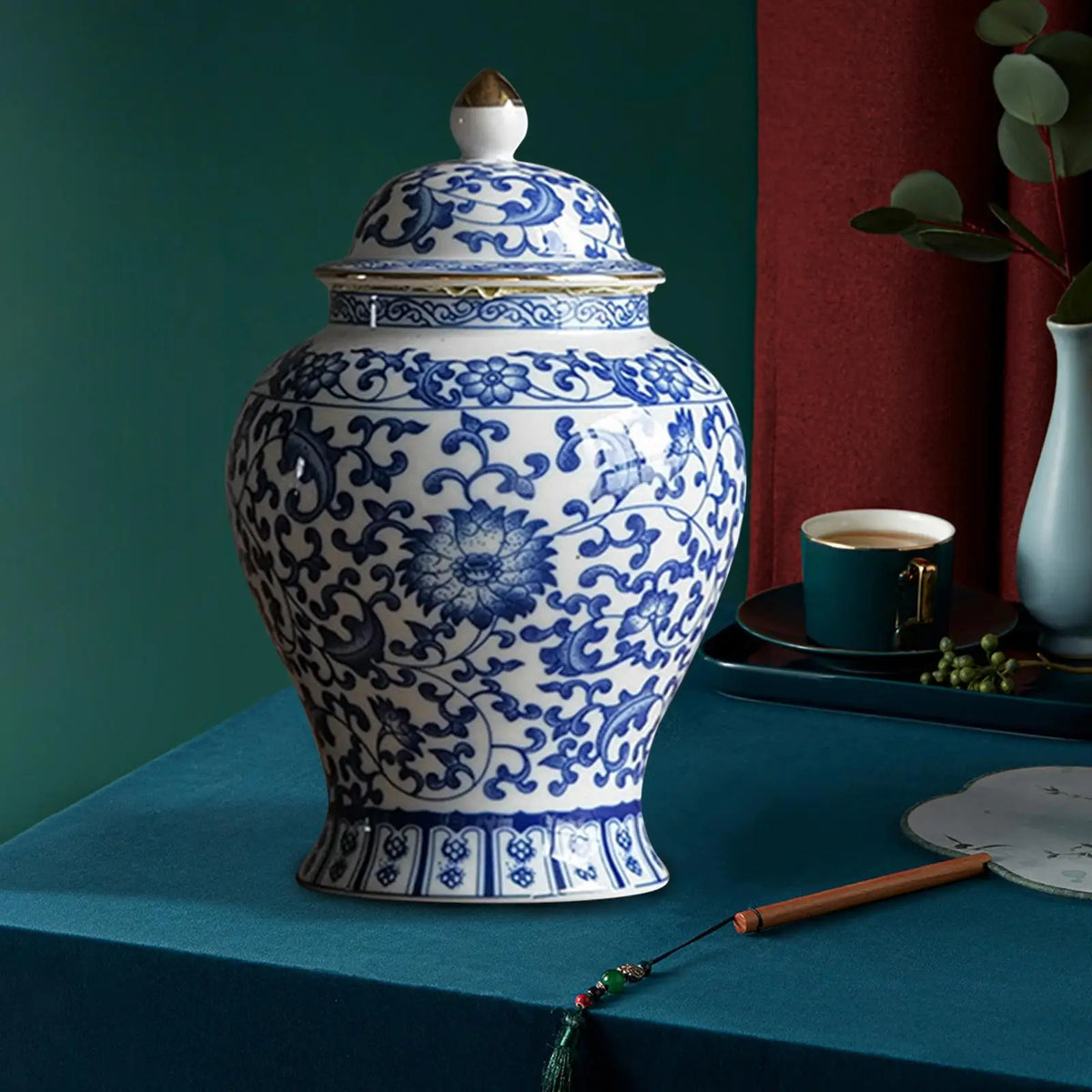 Blue and White Chinoiserie Ginger Jar, styled view