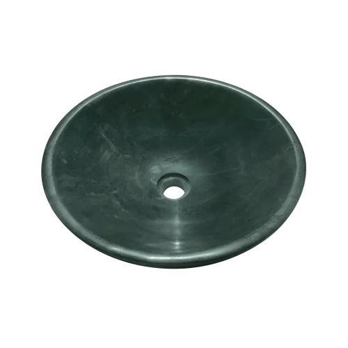 Top-down view inside the polished green marble vessel sink basin and drain opening