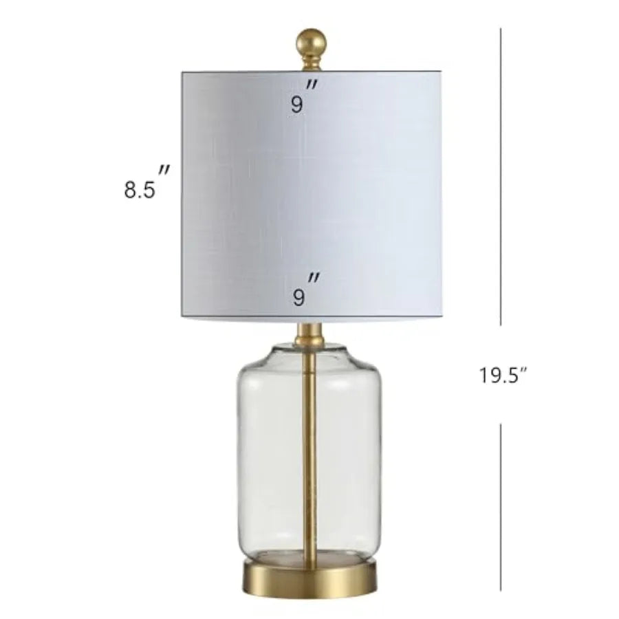 Dimension diagram of the glass and brass table lamp, 19.5 in tall, 9 in shade