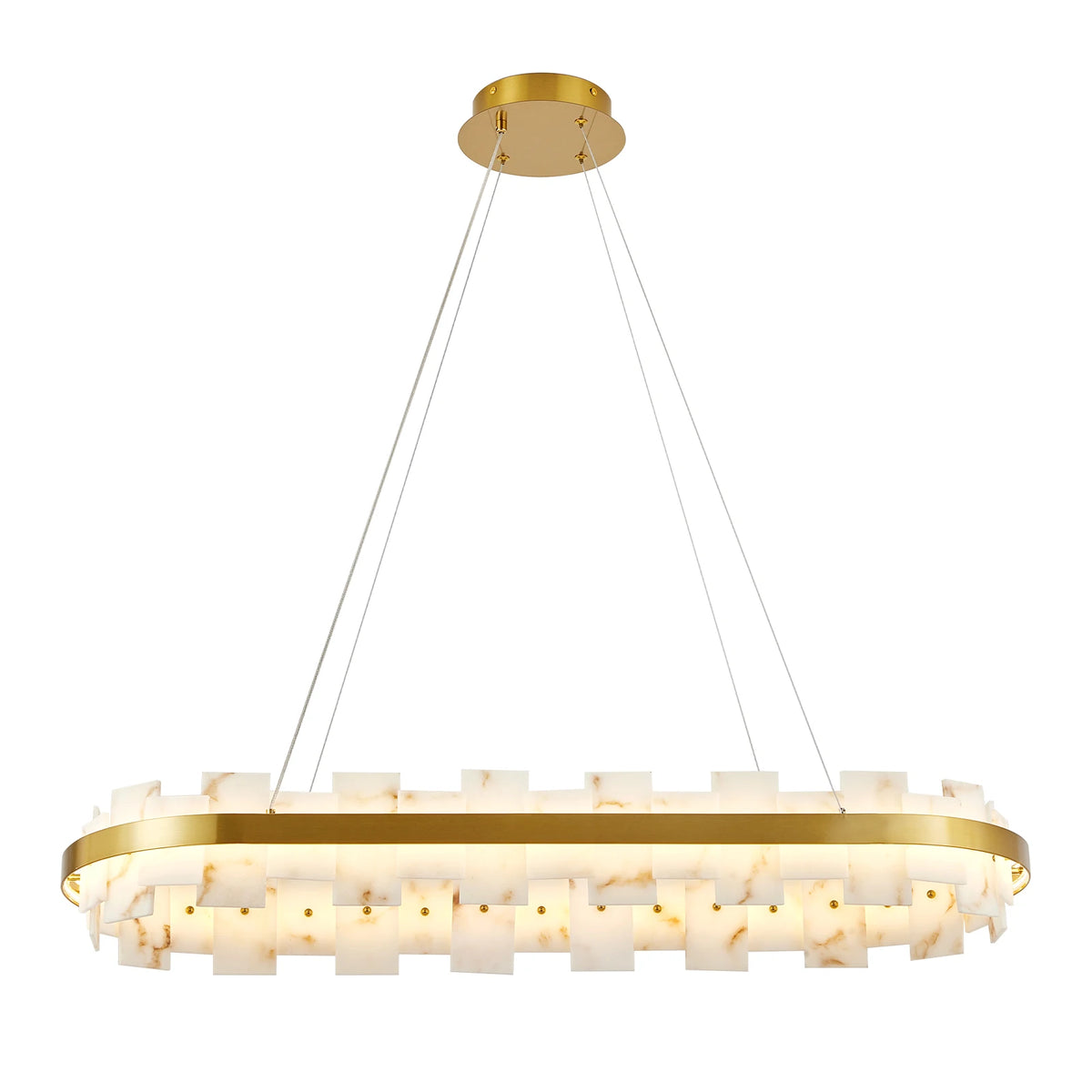 Oval alabaster stone linear chandelier with brass band and canopy on suspension cables