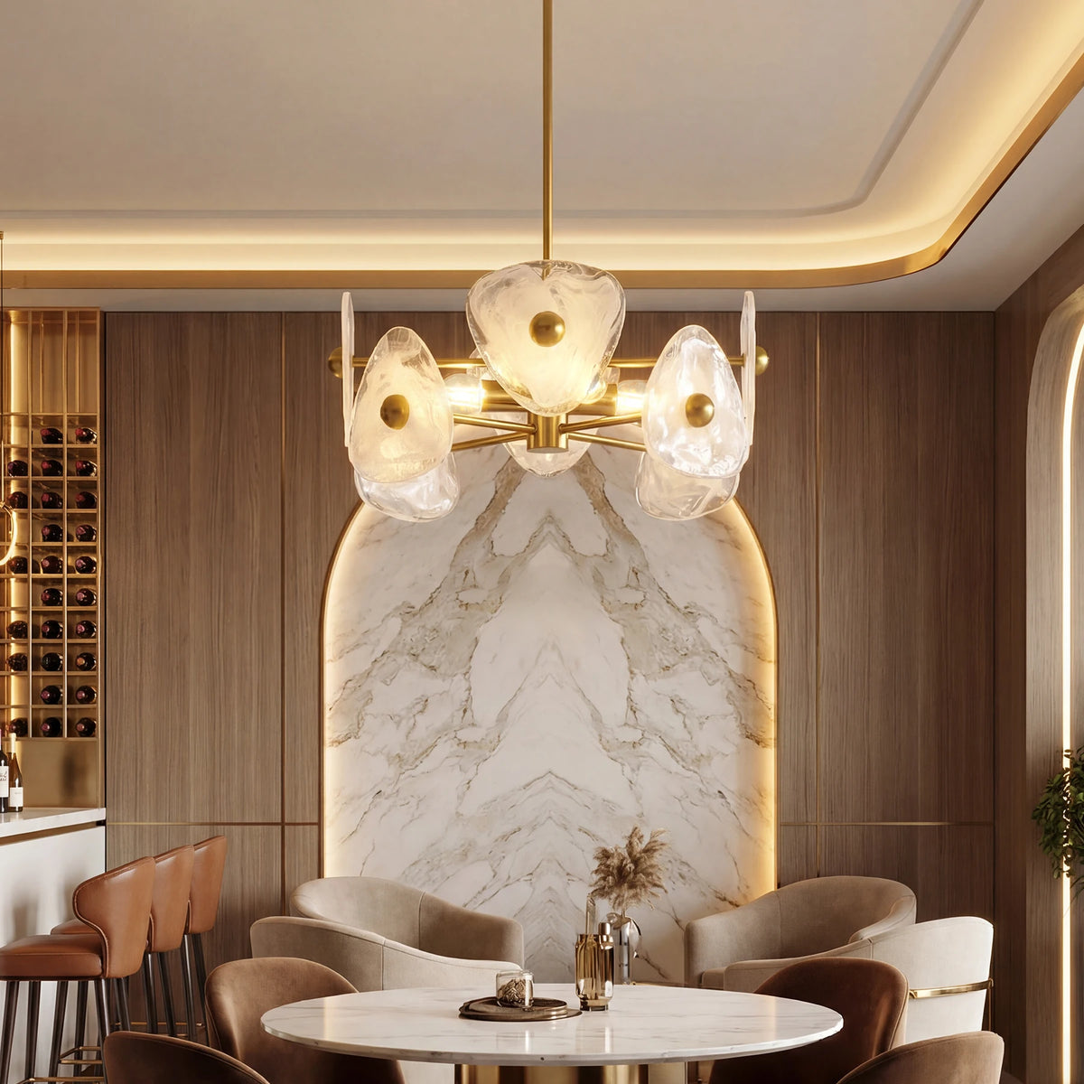 Four-light gold chandelier over a round dining table