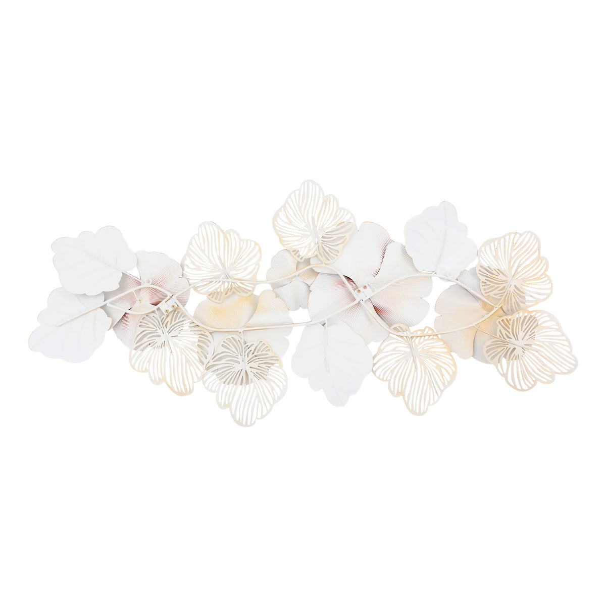 Pink and gold metal flower wall sculpture, soft-focus view of the layered petals