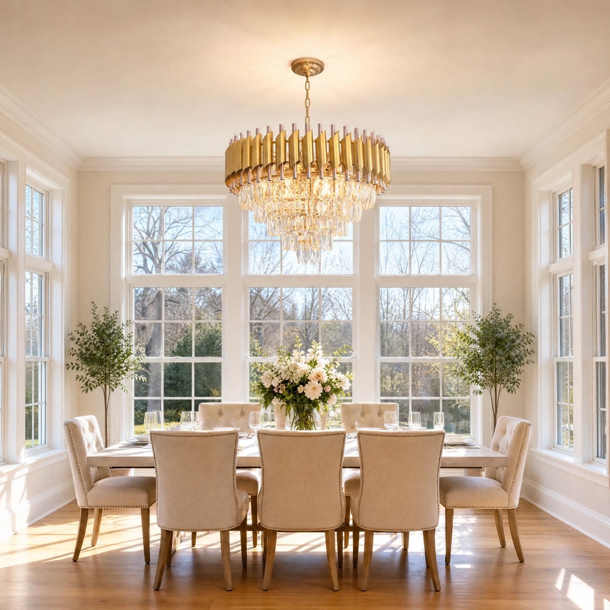 Five-tier crystal chandelier in a formal dining room