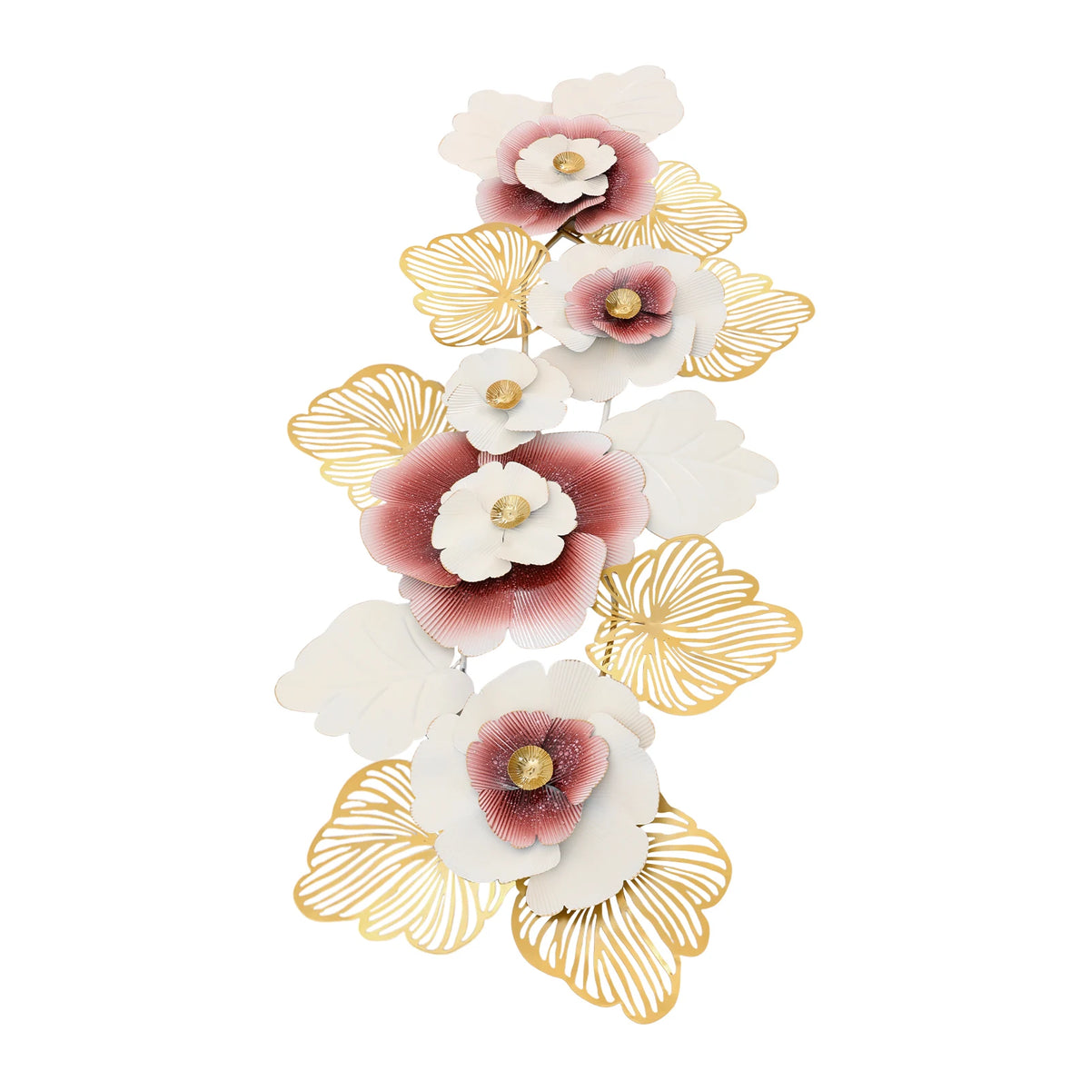 Pink and gold metal flower wall sculpture shown in a vertical orientation