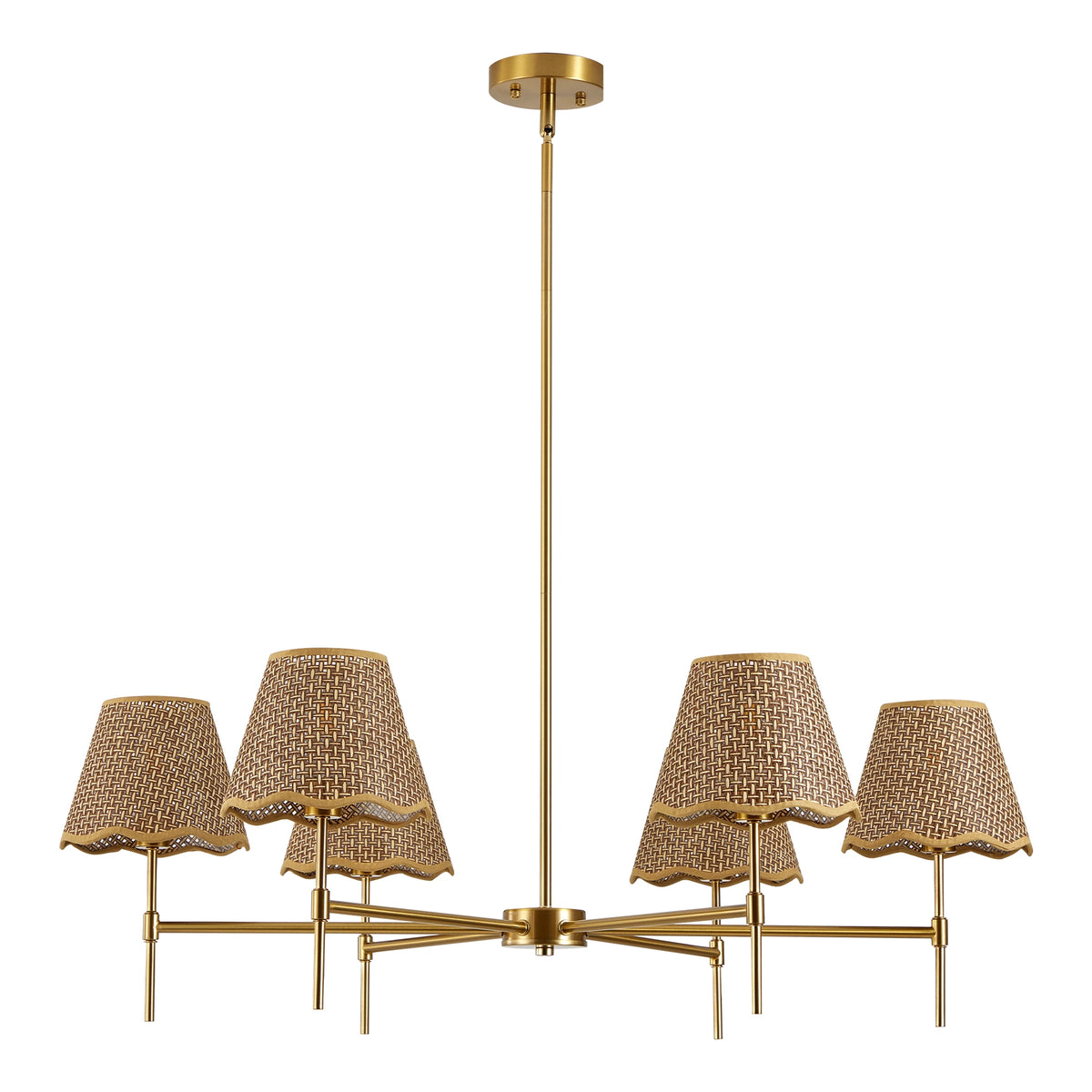 Six-light gold chandelier with woven shades