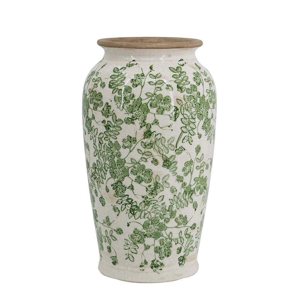 White and green floral ceramic vase, full view