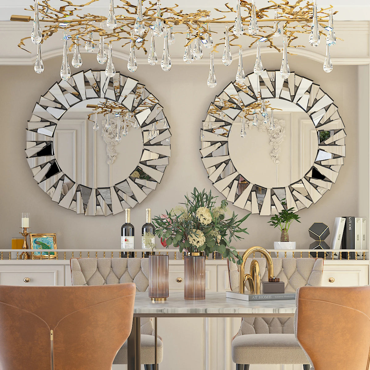 Pair of round sunburst mirrors hung above a dining banquette