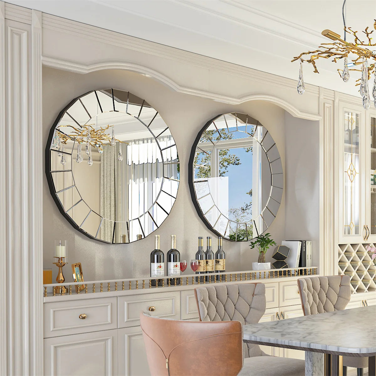 Pair of Venetian-style ornate round mirrors with beveled panels above a dining room buffet