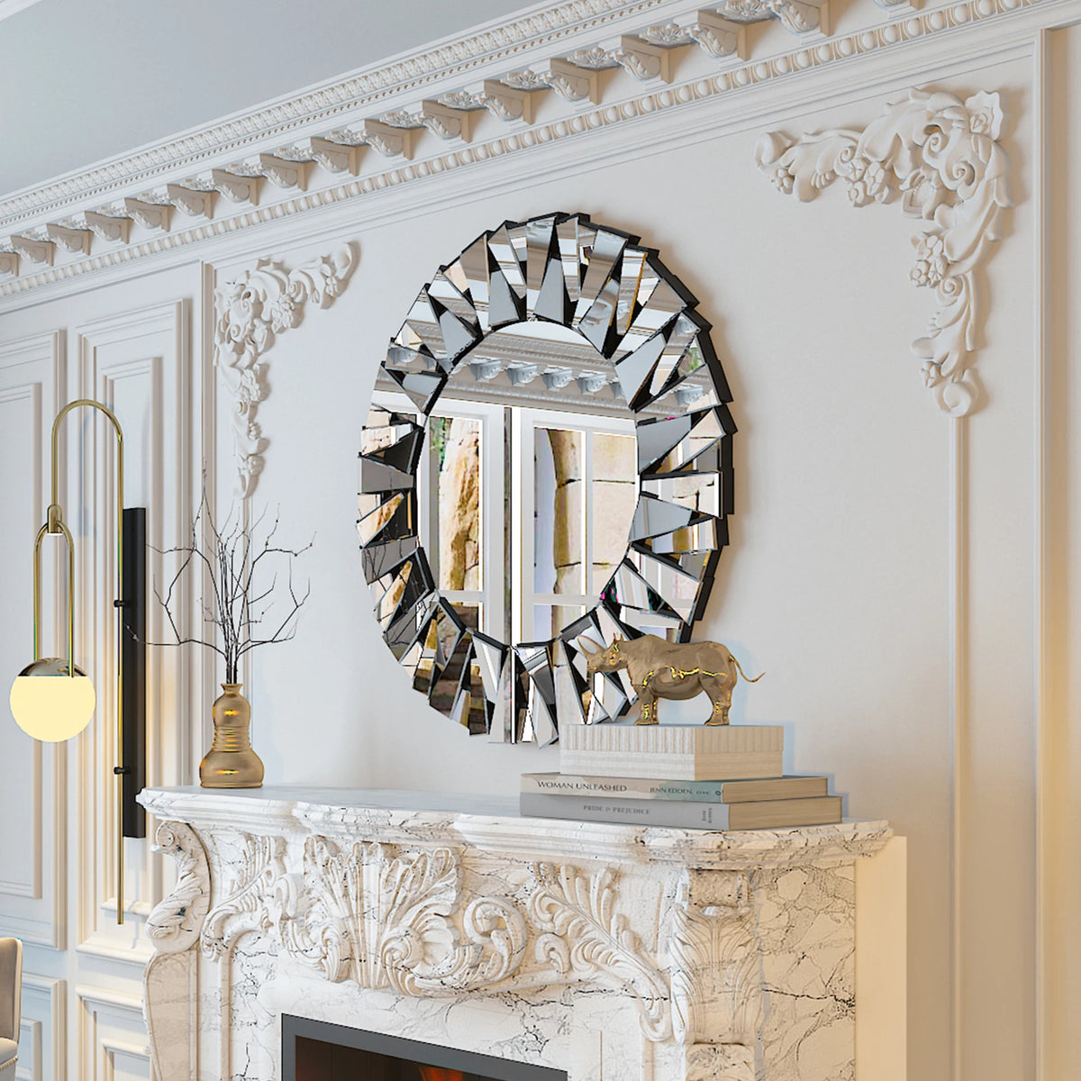 Silver beveled glass sunburst mirror over a white carved mantel with a brass lamp