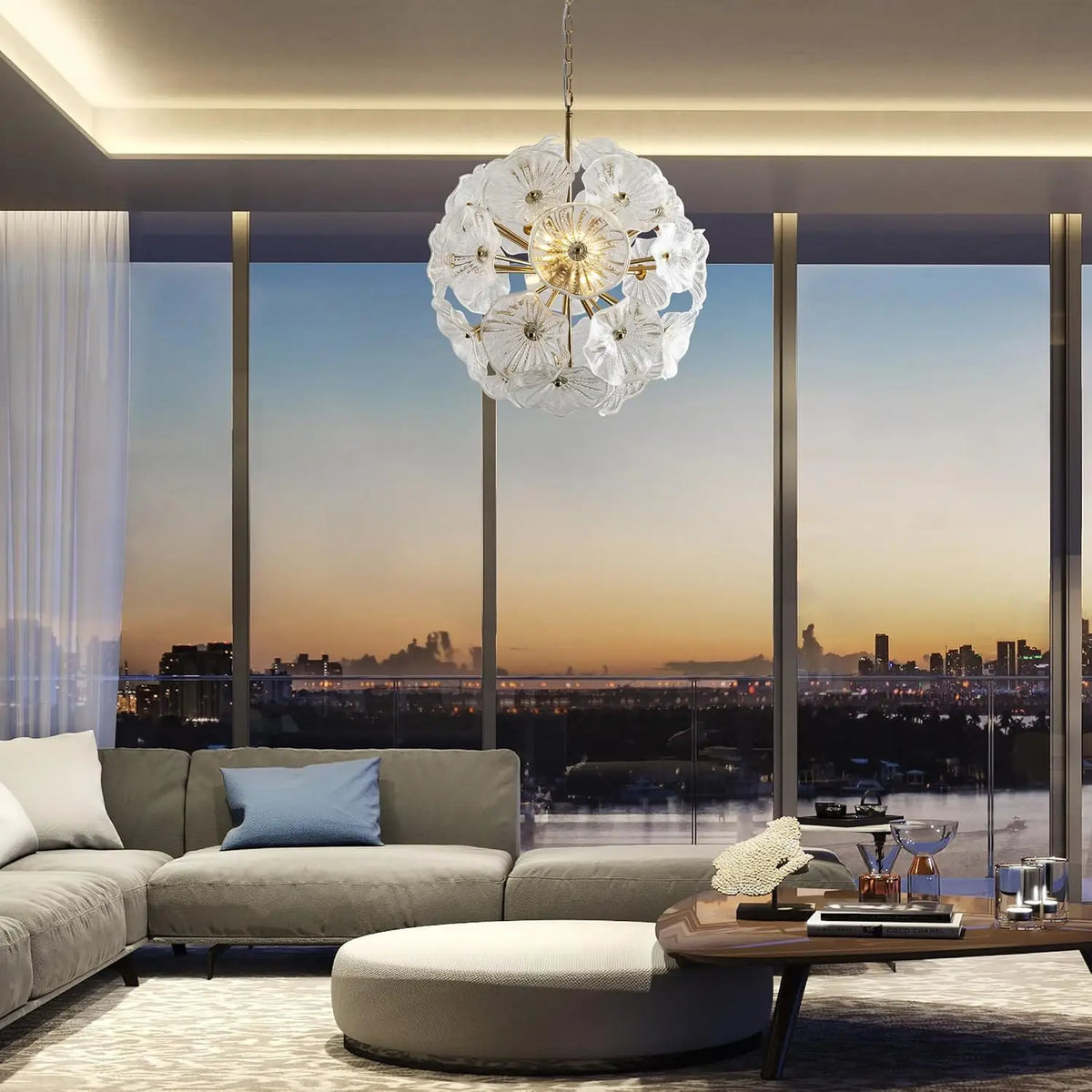 Hand-Blown White Glass Flower Chandelier, 24 in, in a living room with city views at dusk