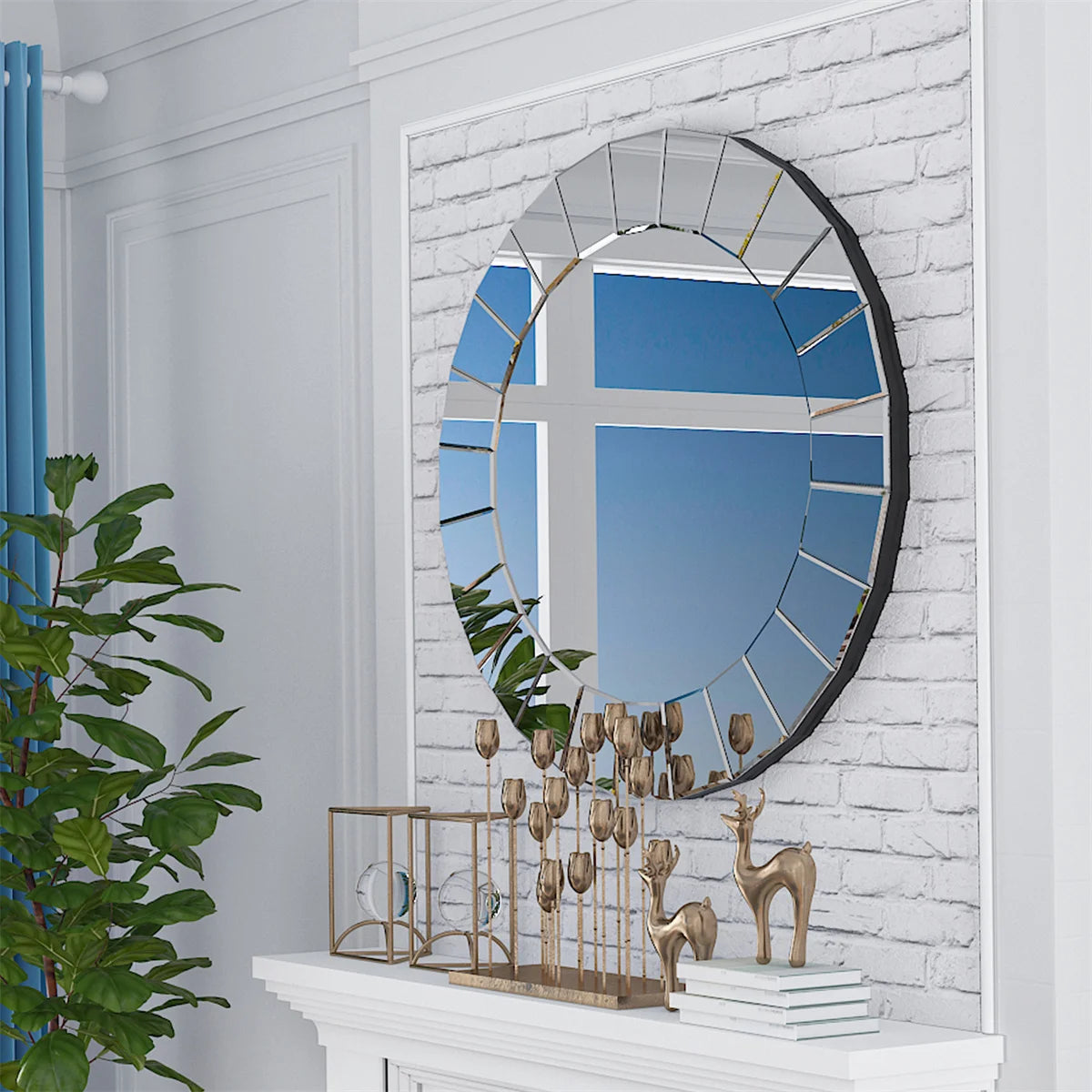 Venetian-style ornate round mirror on a white brick wall above a styled mantel
