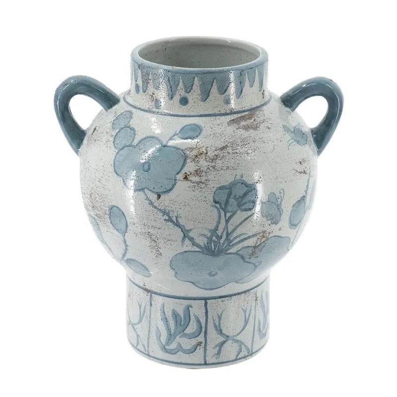 Blue and white floral ceramic amphora vase with two handles