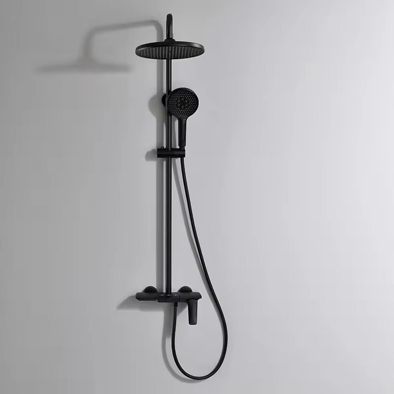 Matte black 3-way exposed rainfall shower system with round rain head, handheld shower and mixer