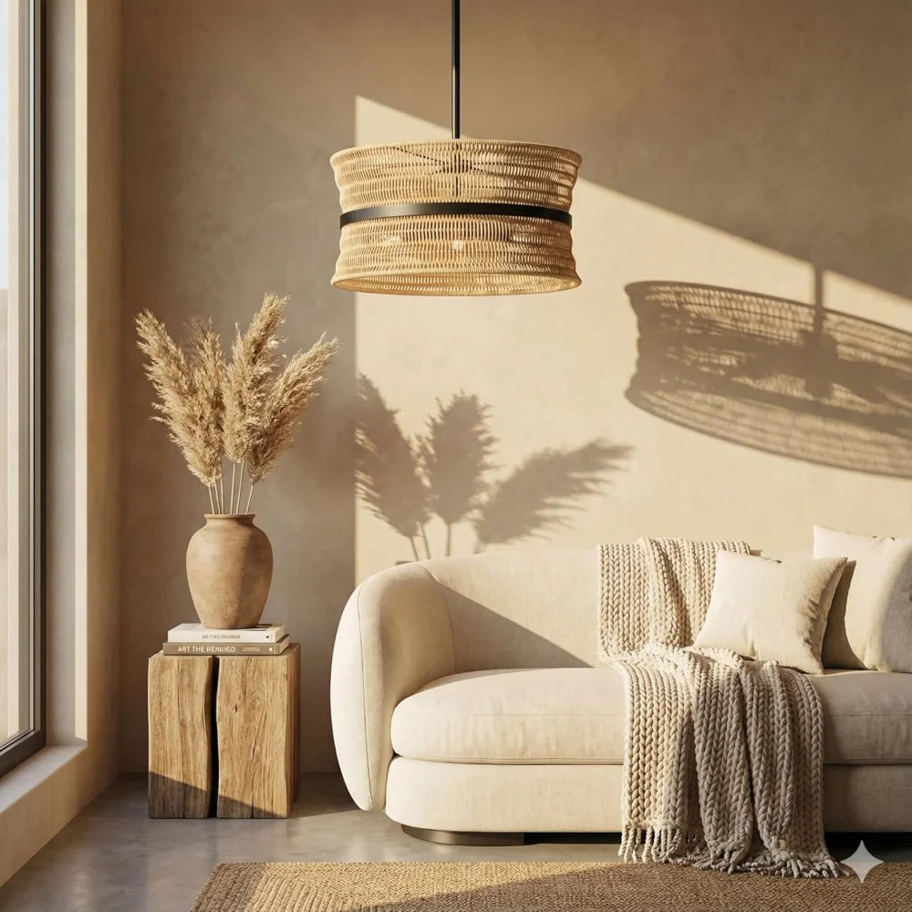 Natural rattan four-light drum pendant with a dark center band in a living room