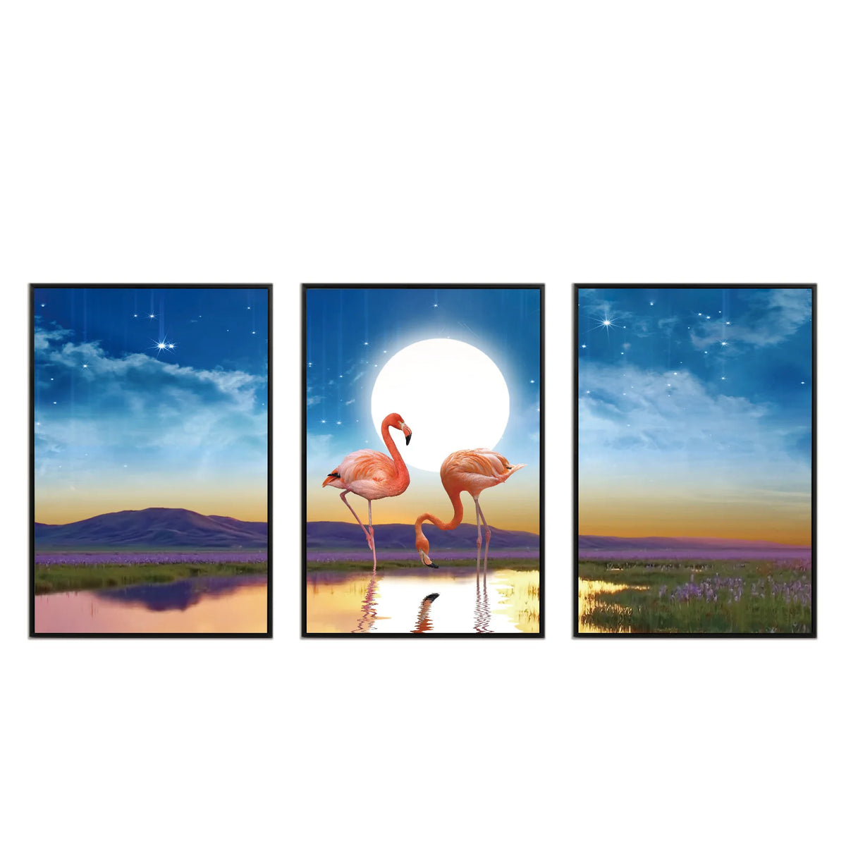 Set of three framed flamingo seascape wall art panels