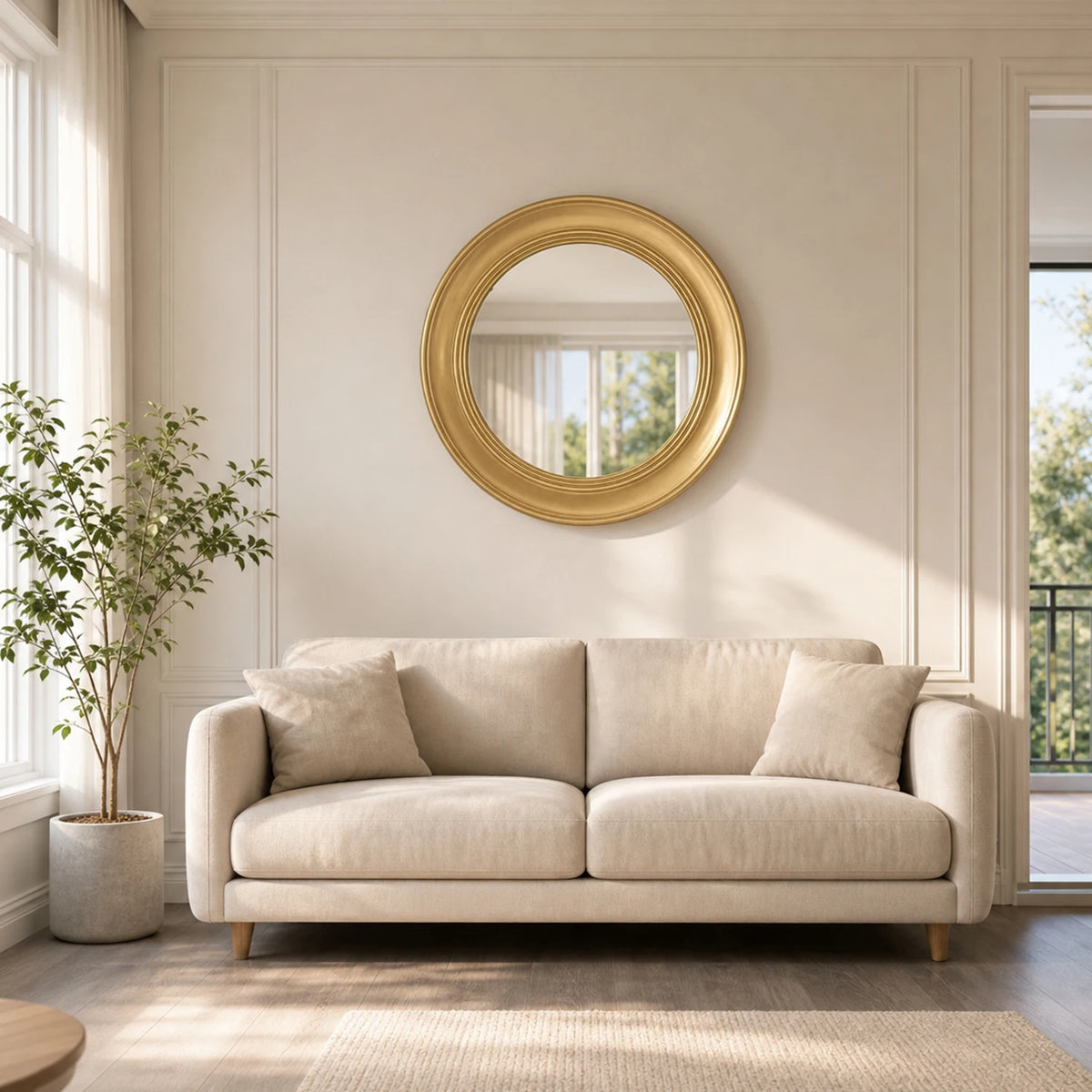 Brushed gold round mirror above a cream sofa