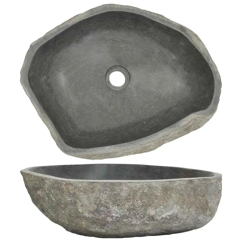 Top and side views of the natural river-stone oval vessel sink with drain hole