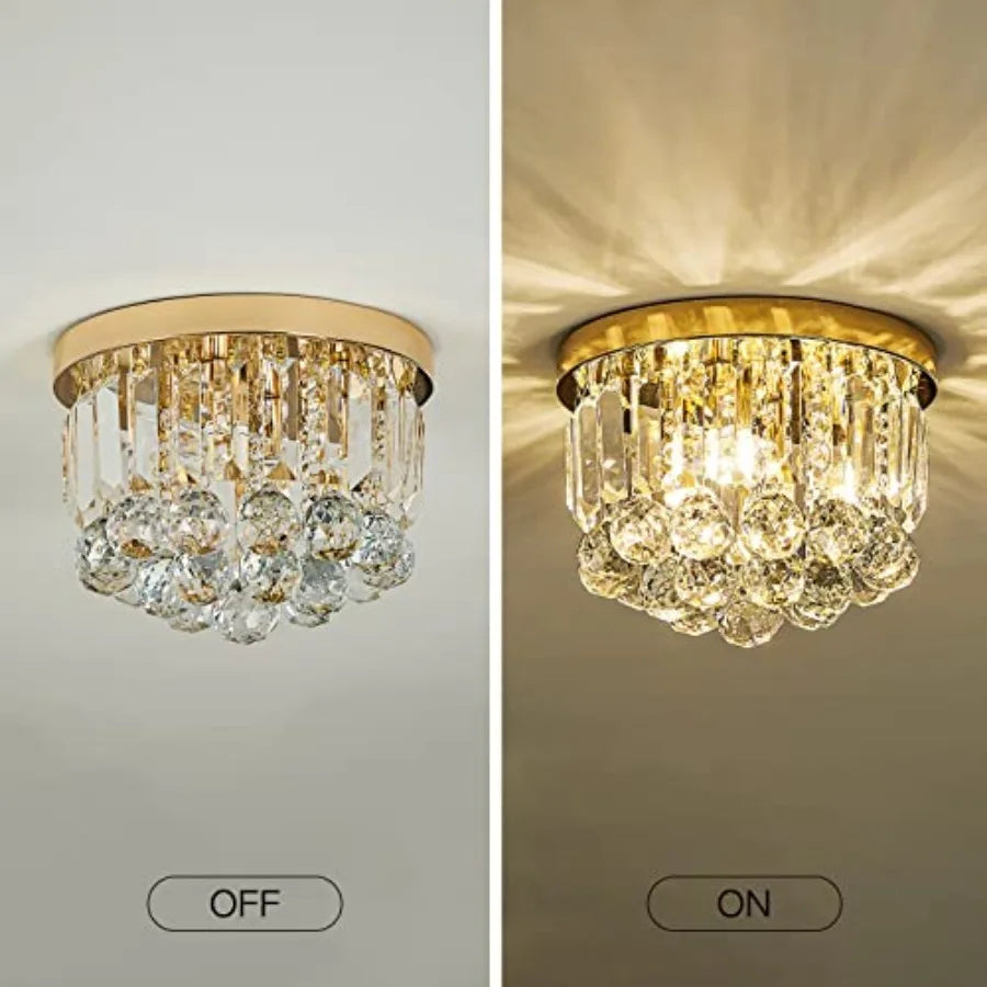 Small gold flush mount ceiling light with tiers of crystal drops in a hallway