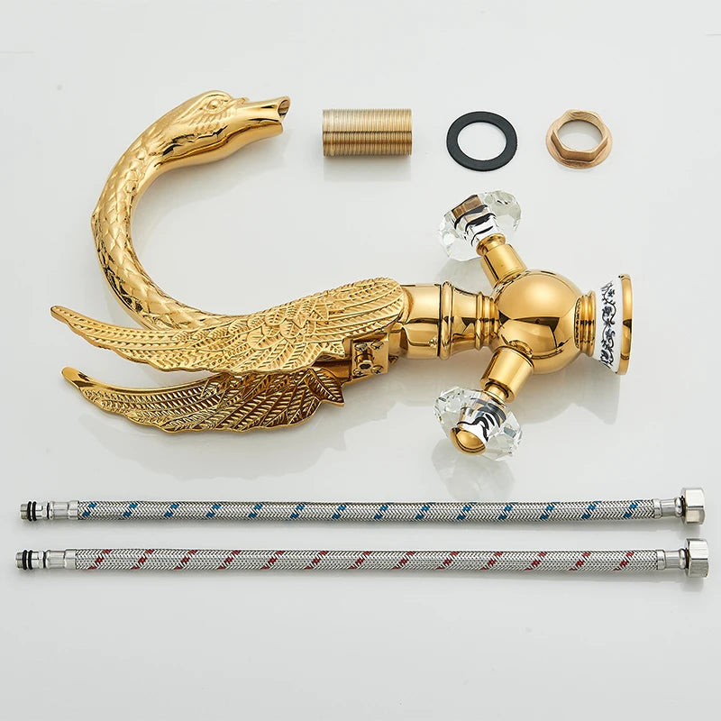 Gold swan-neck faucet parts with supply hoses and fittings