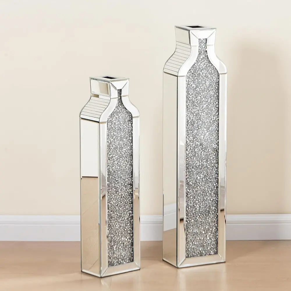 Pair of mirrored floor vases with crushed-crystal inlay, 24 and 30 in