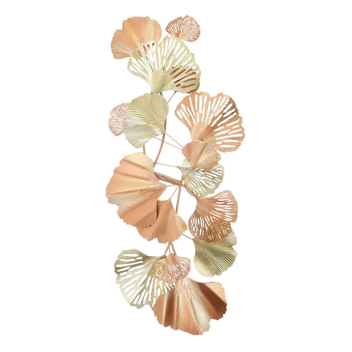 Ginkgo leaf iron wall sculpture in blush, gold and cream on a white background
