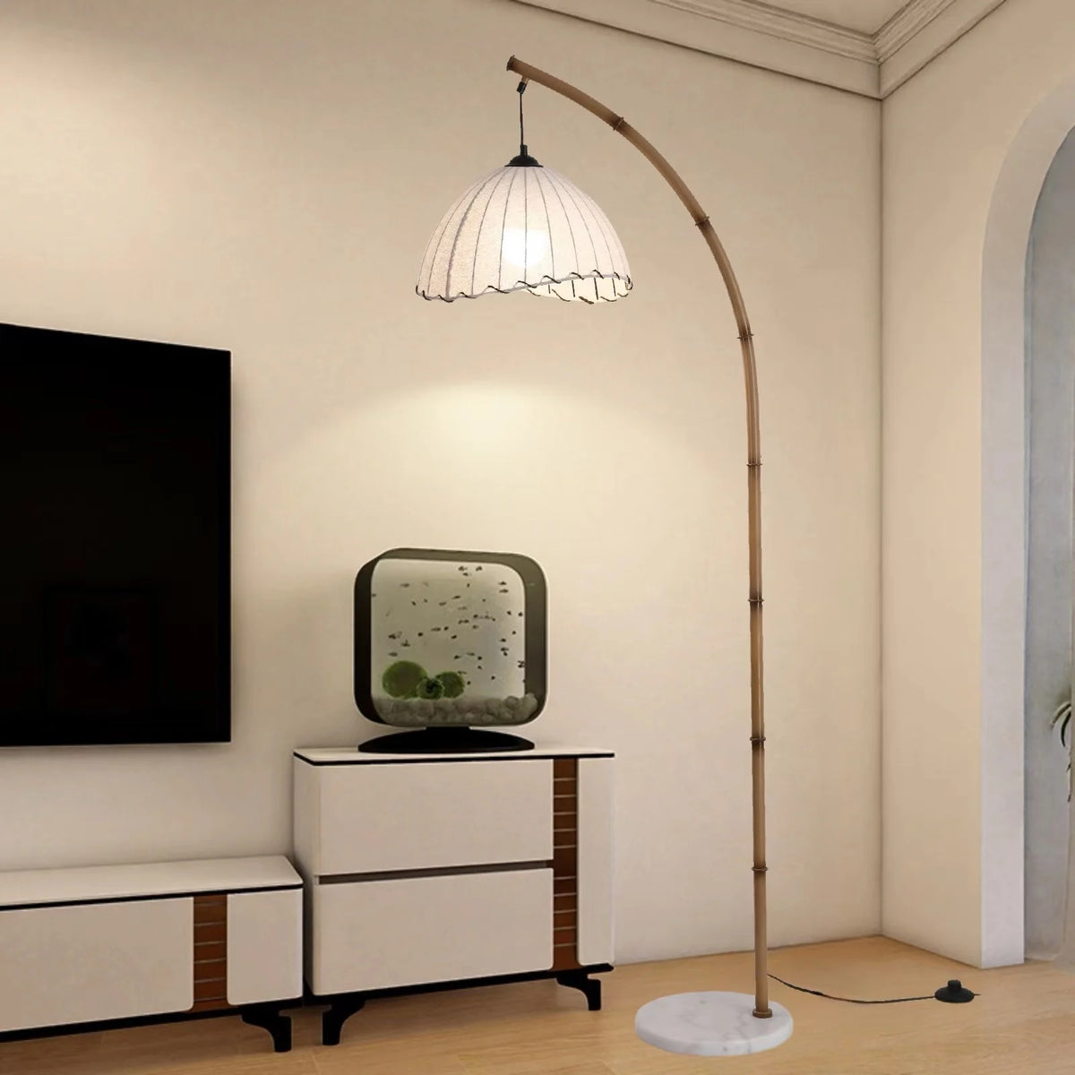 Bamboo arc floor lamp in a minimalist living room
