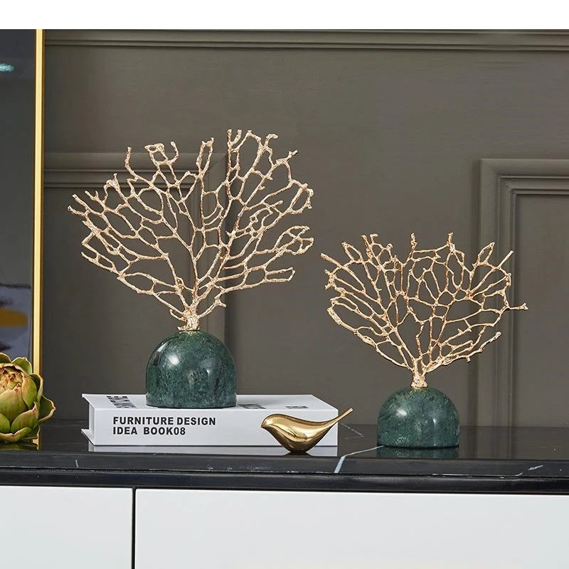 Gold Coral Tree on Marble Base, two sizes styled on a dark console
