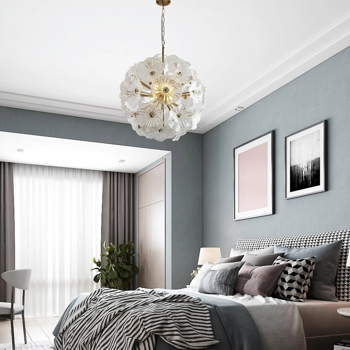Hand-Blown White Glass Flower Chandelier, 24 in, over a bed in a grey-walled bedroom