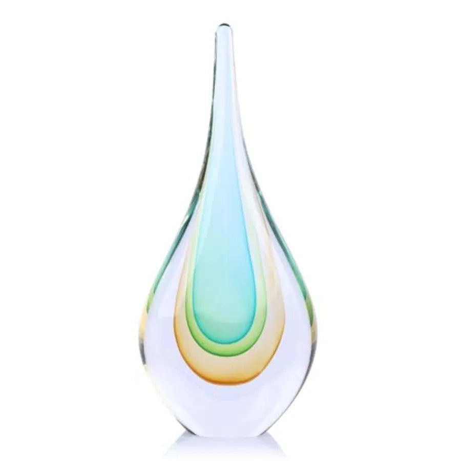 Hand-blown clear glass teardrop sculpture with aqua and amber layers