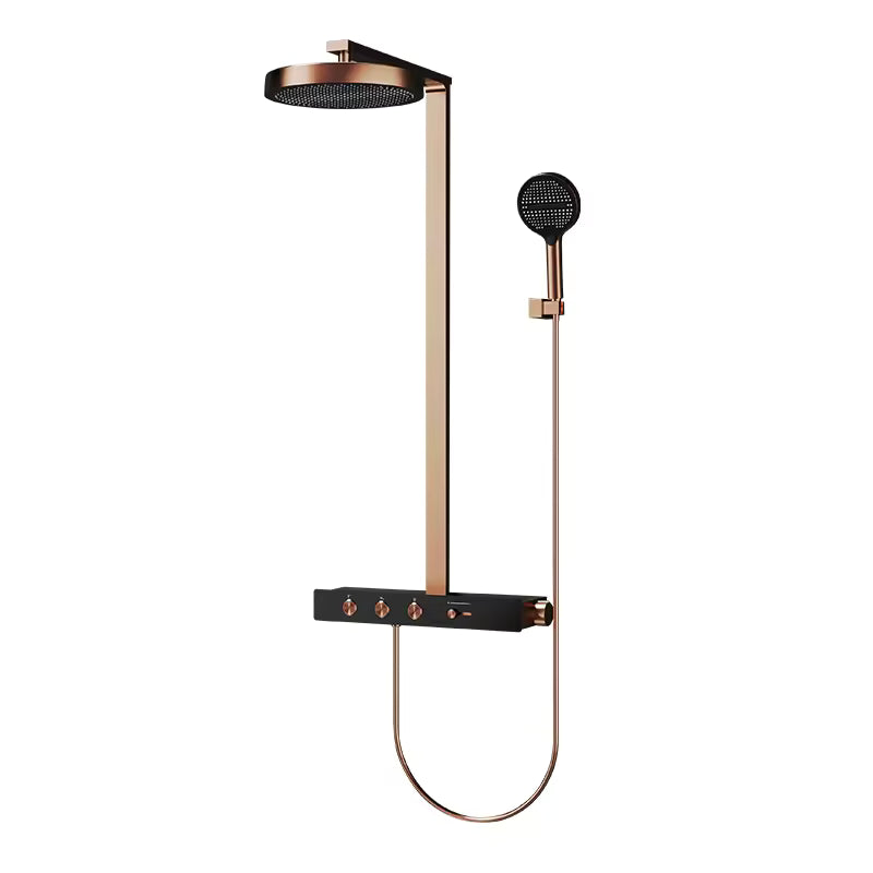 Rose gold thermostatic rainfall shower column with round rain head, handheld shower and control shelf