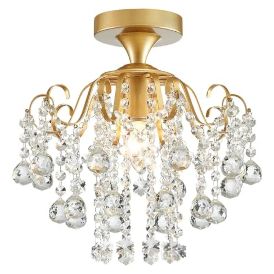 Gold crystal flush mount ceiling light with cascading crystal drops (detail)