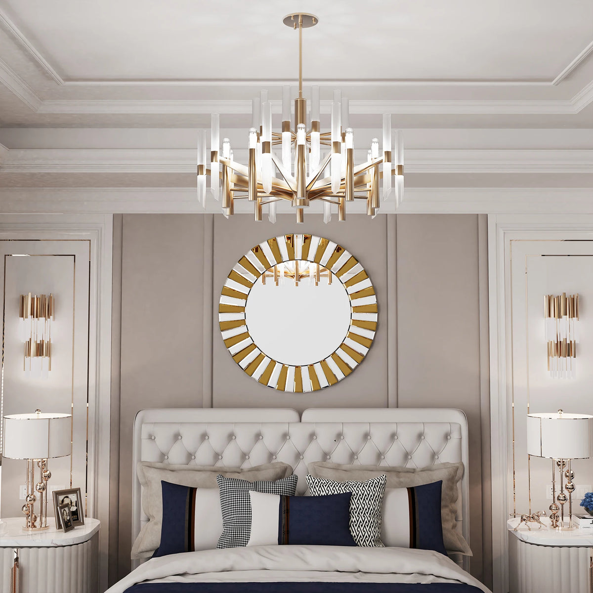 Front view of the starburst mirror's gold-tone glass rays above a bedroom headboard