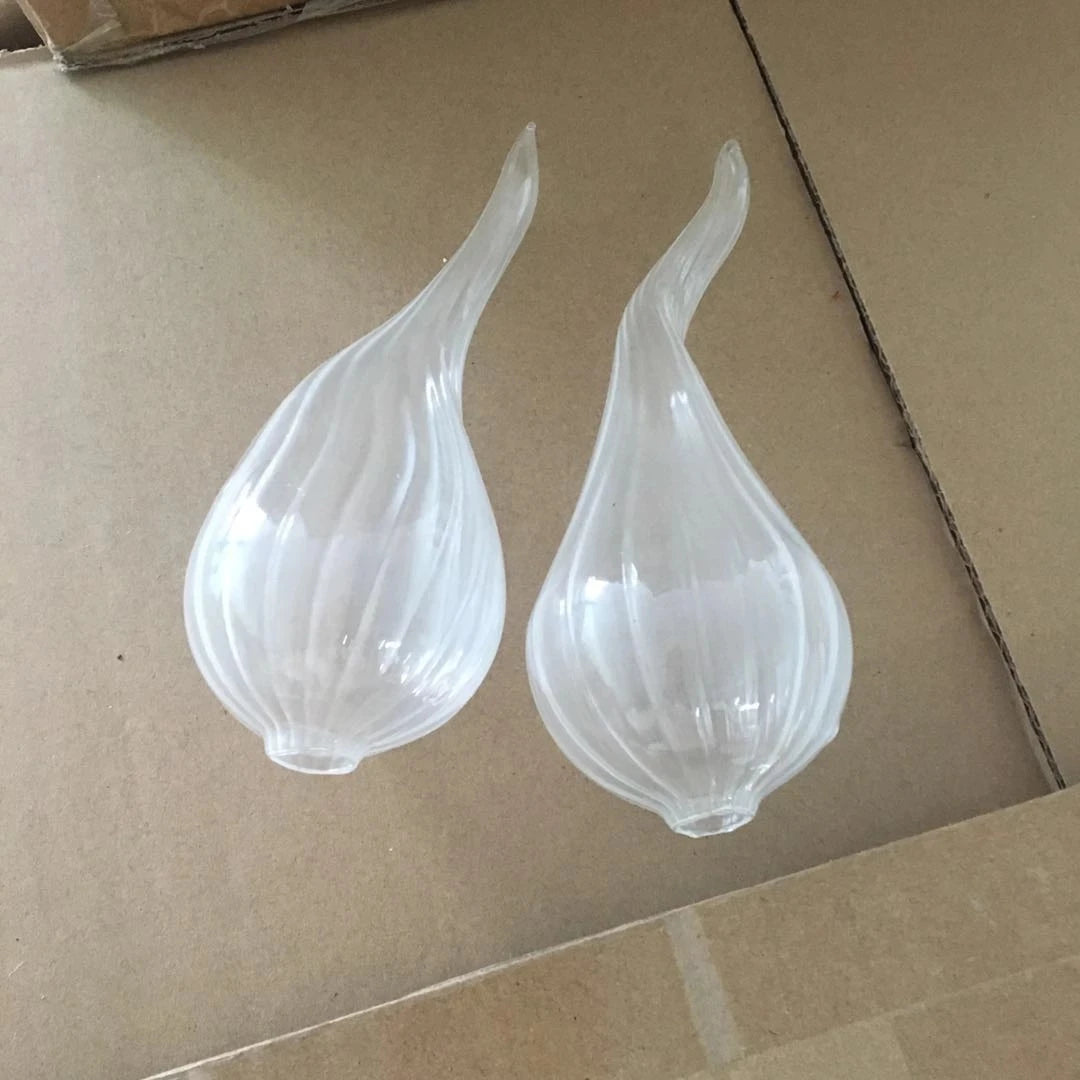 Two hand-blown milk-white ribbed glass teardrop pieces for the art chandelier