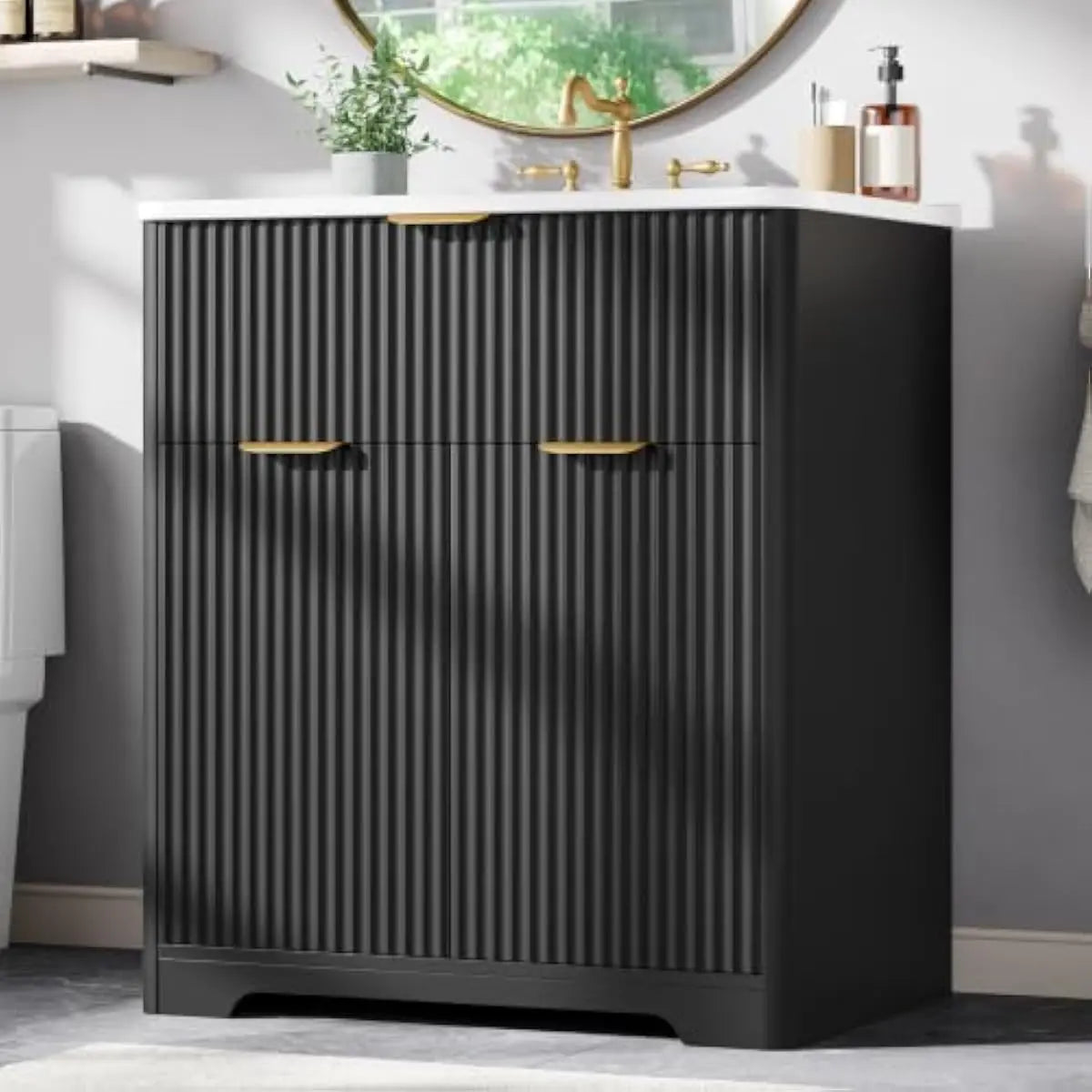 Black fluted 30 inch bathroom vanity with brass pulls and white sink